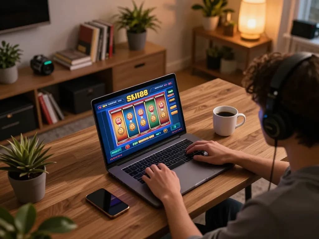 Person immersing in slot88 gameplay at home, cozy atmosphere enhancing online gambling experience