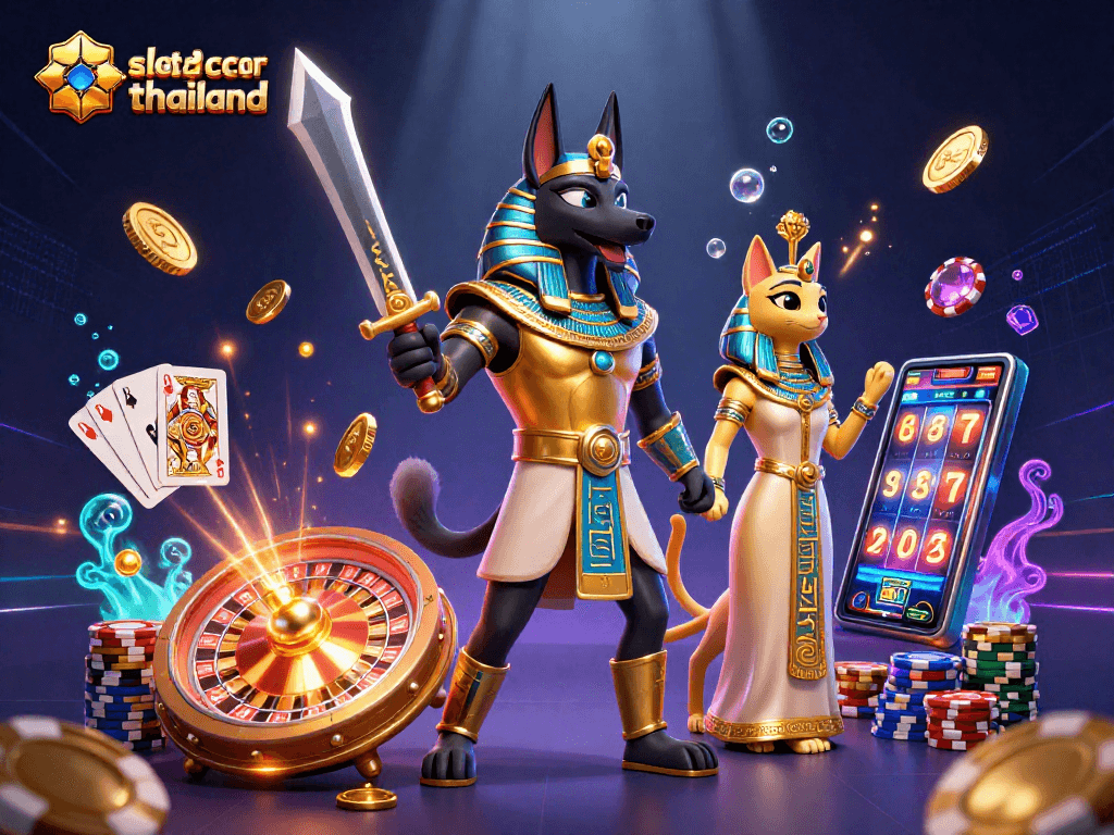 Experience slot gacor thailand with vibrant 3D illustration showcasing ancient Egyptian characters and casino excitement.