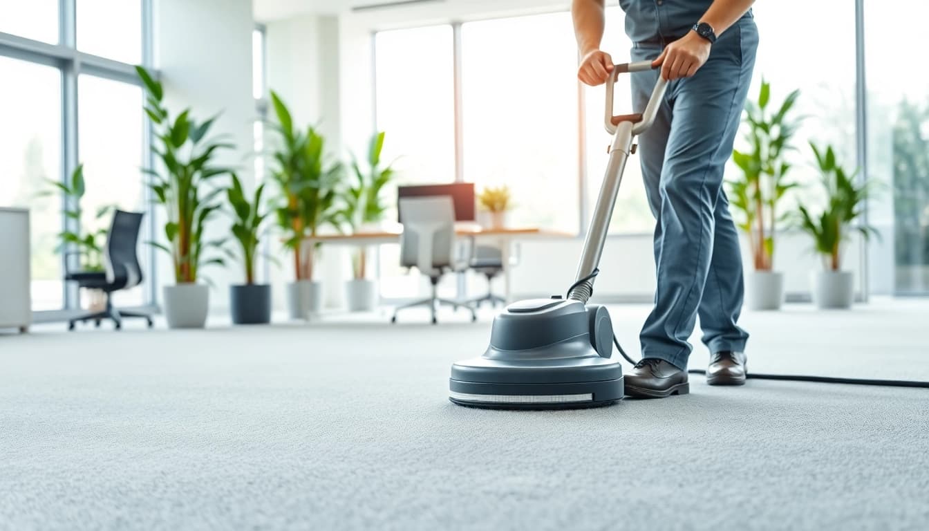 Efficient commercial carpet cleaning process in a modern office environment.