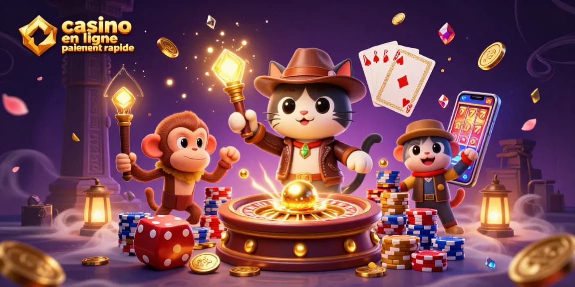 Visuel captivant représentant le casino en ligne paiement rapide avec des personnages explorateurs dans un temple magique.