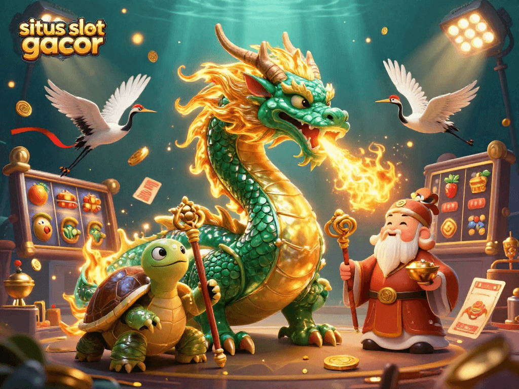 Engage with situs slot gacor in this vibrant casino scene featuring a jade dragon and lucky elements.