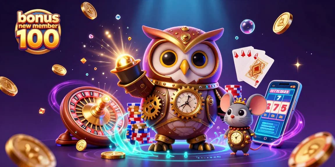 Win big with bonus new member 100 in a vibrant casino scene featuring an owl and treasure.