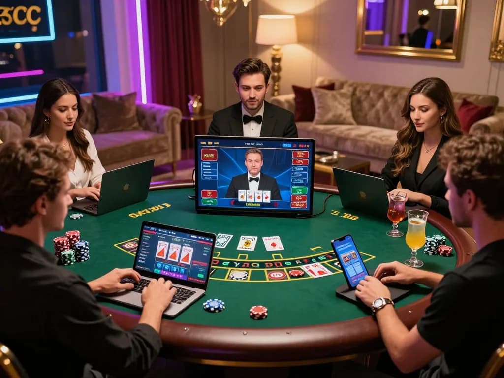 Dynamic online baccarat gaming scene showcasing players enjoying live dealer interactions on laptops, emphasizing the excitement of 바카라사이트.