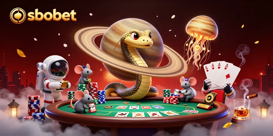 Engage in exhilarating sbobet gaming with a cosmic dealer and cartoon characters in an imaginative 3D casino scene.