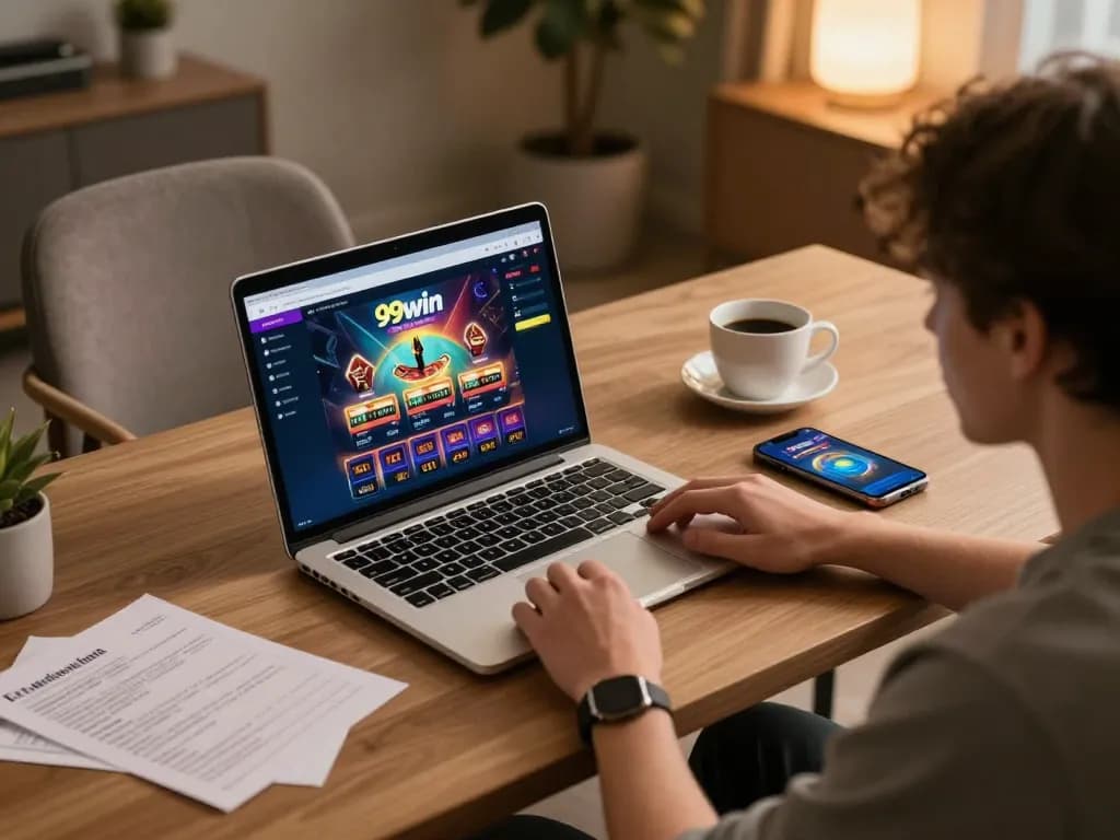 Player immersed in gameplay on 99win online casino, showcasing modern setup and atmosphere.