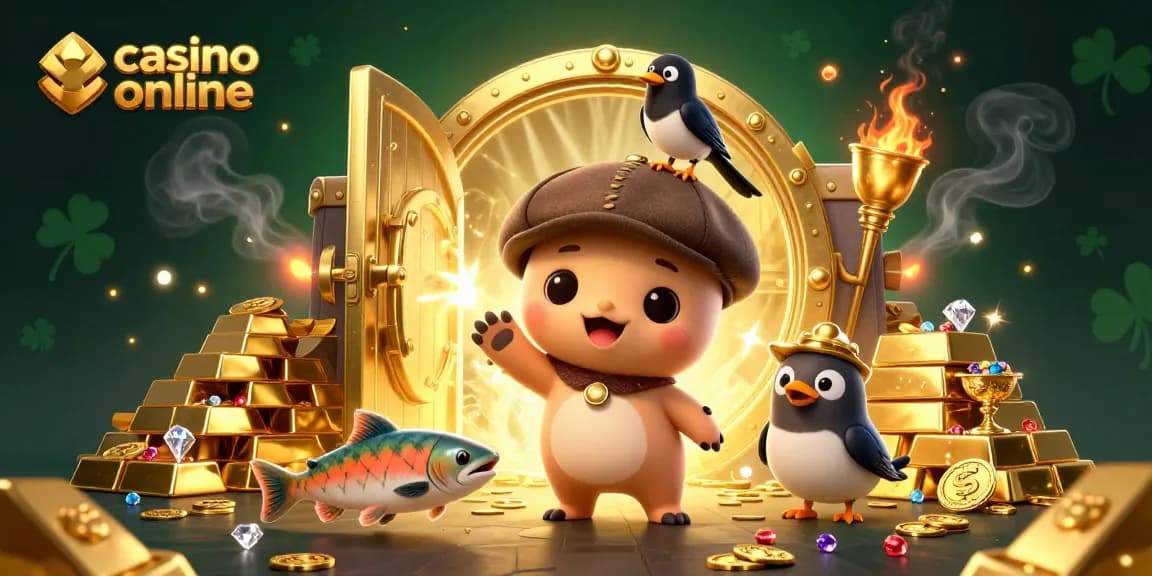 Jouez au casino en ligne avec des personnages de dessins animés au milieu de trésors et de machines à sous, illustration 3D animée.