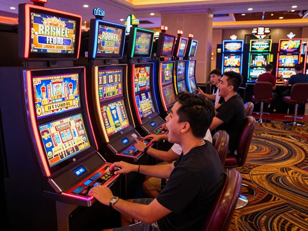 Players engaging with vibrant slot gacor machines, showcasing excitement and winning potential.