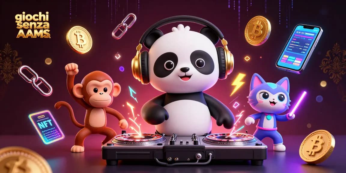 Coinvolgente scena 3D di un panda DJ che gira ruote della roulette tra elementi cripto, celebrando giochi senza AAMS.