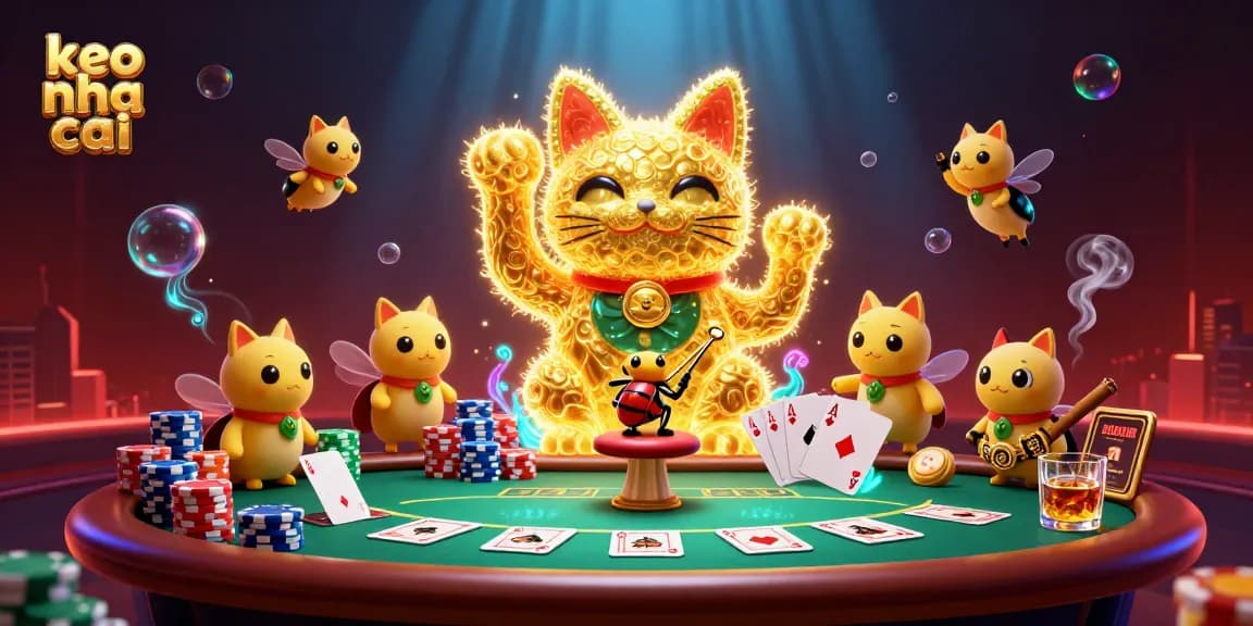 Wager on keo nha cai at a vibrant casino scene with golden fireflies and colorful poker chips.