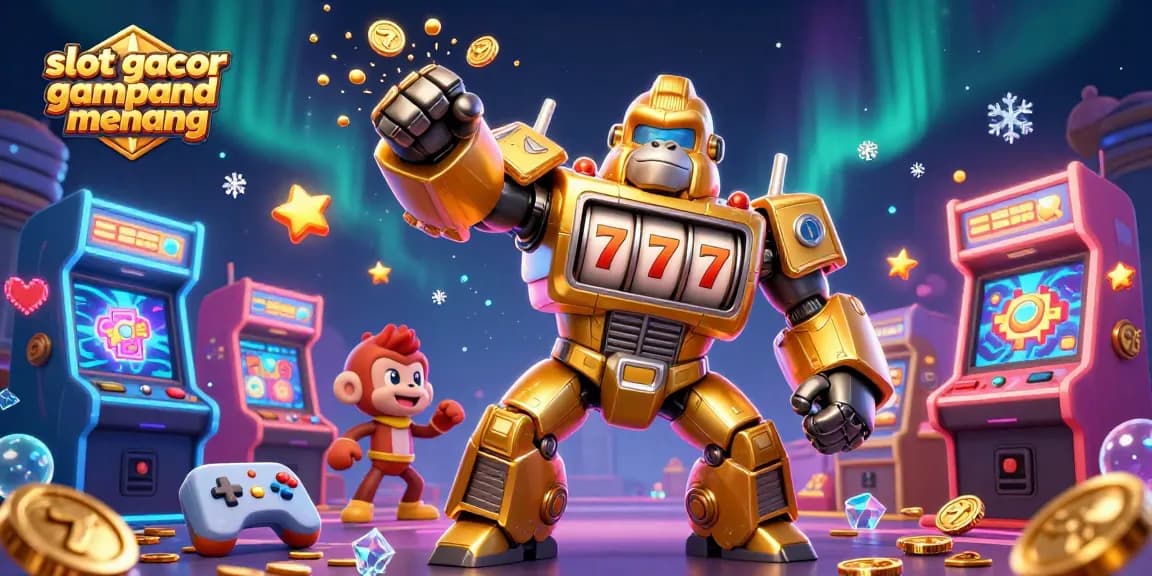 Experience the thrill of slot gacor gampang menang with a vivid illustration of a golden gorilla mech amidst vibrant casino elements.
