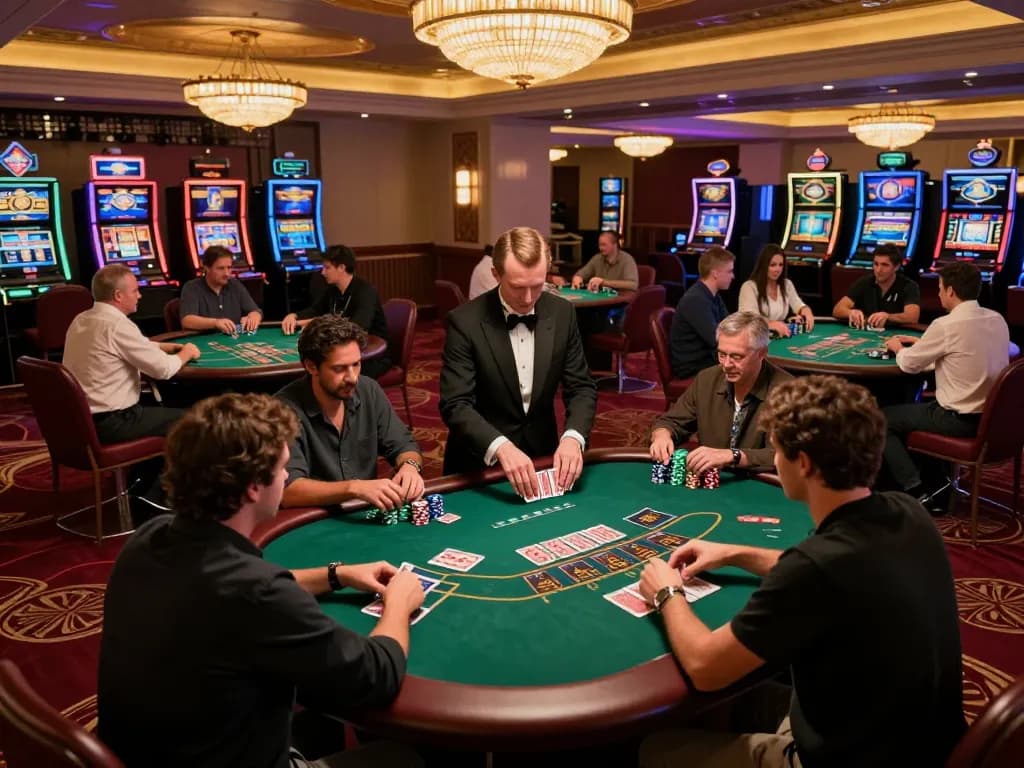 tt88 poker game scene with players strategizing at a casino table, vibrant atmosphere