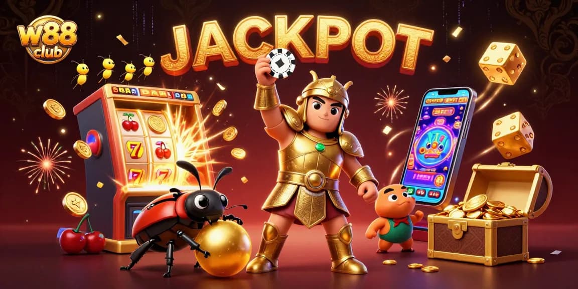 Chơi game tại w88 club với hình ảnh sôi động của một con bọ Hercules đang nâng chip poker và những yếu tố sáng tạo khác.