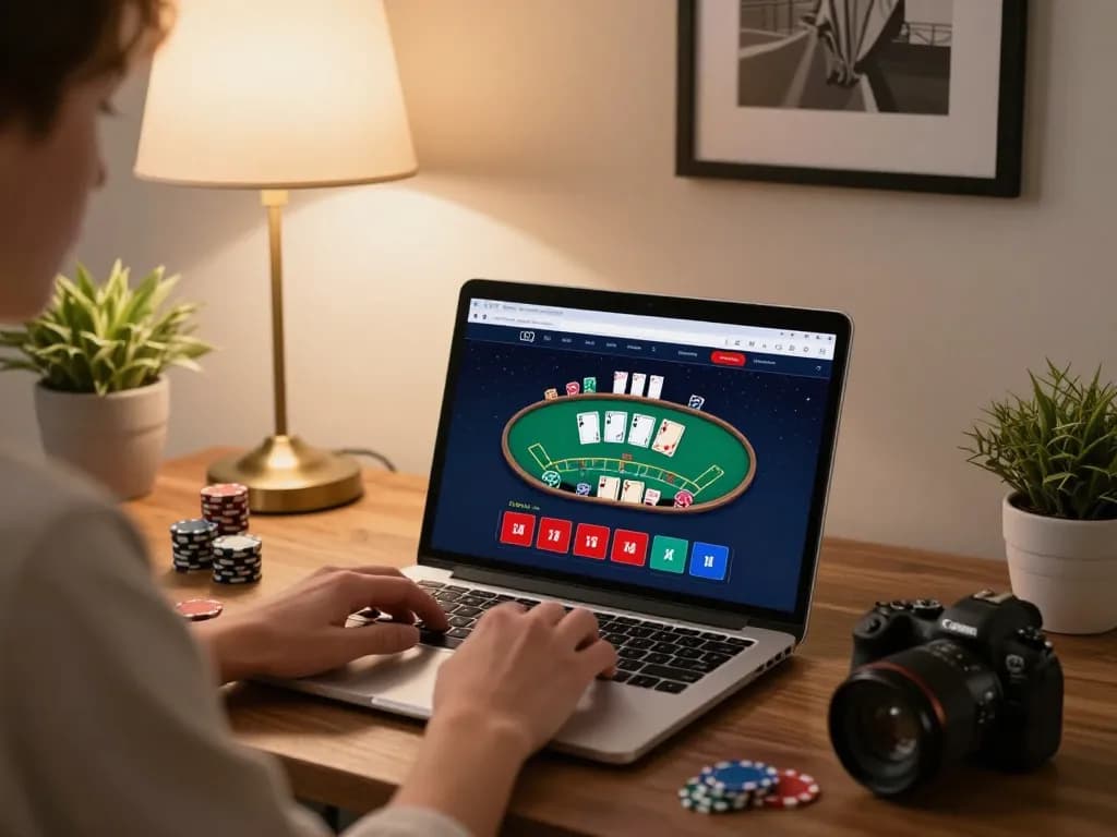 Engaging online gaming scene at https://rr88k1.com/ showcasing blackjack interface on a laptop desk.