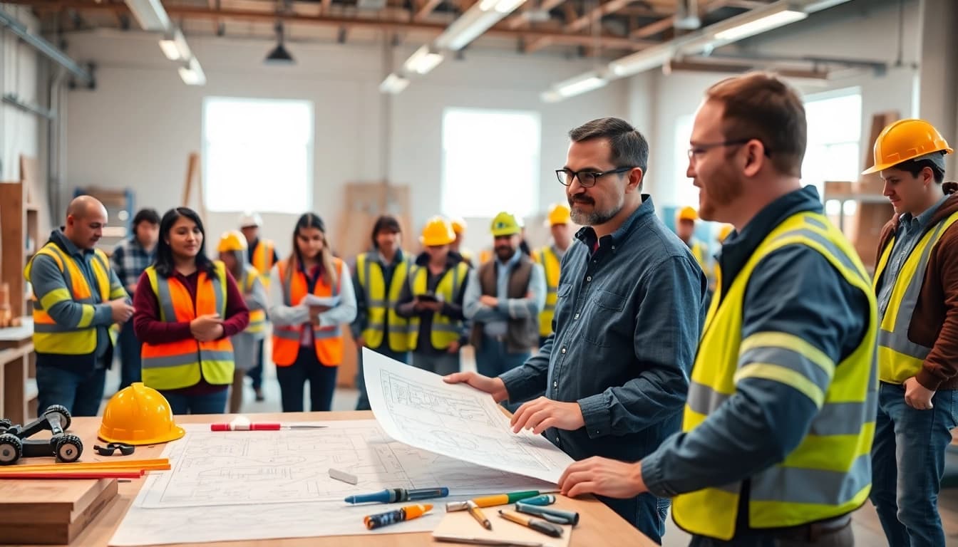 Engage in hands-on construction training with diverse professionals in a bright workshop.