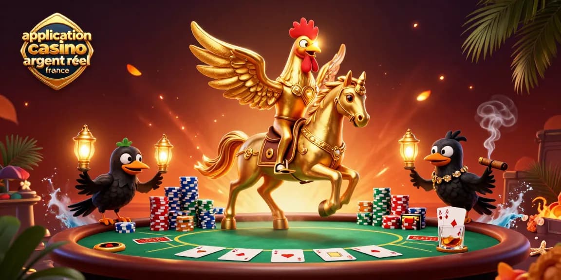 Application casino argent réel France : Plongez dans un casino vibrant avec un coq doré et des corbeaux lumineux.
