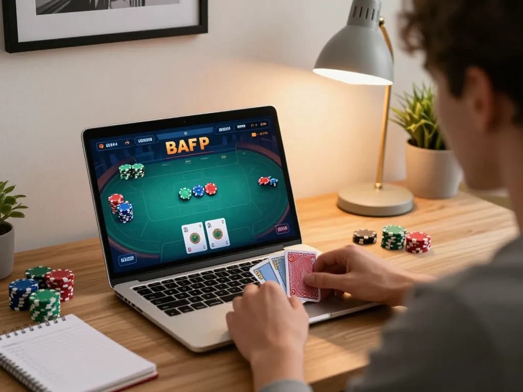 Bermain poker online di rumah menggunakan paris888, menampilkan permainan strategis di laptop.
