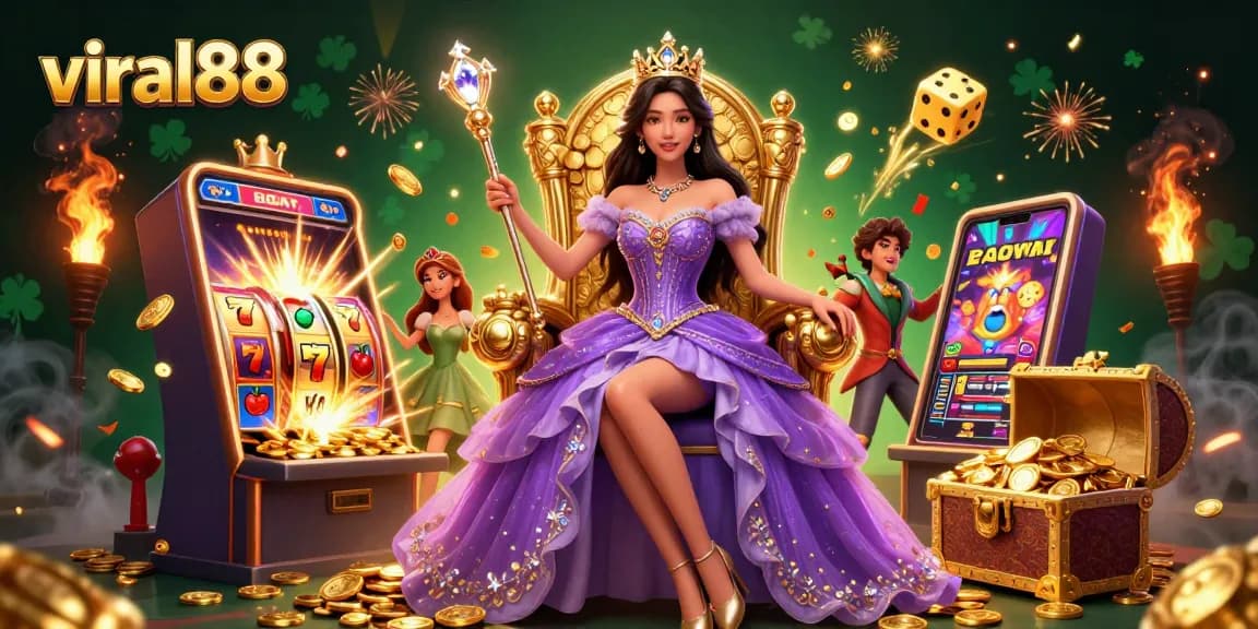 Experience the vibrant world of viral88 with our dynamic online casino illustration featuring thrilling slot machine action.