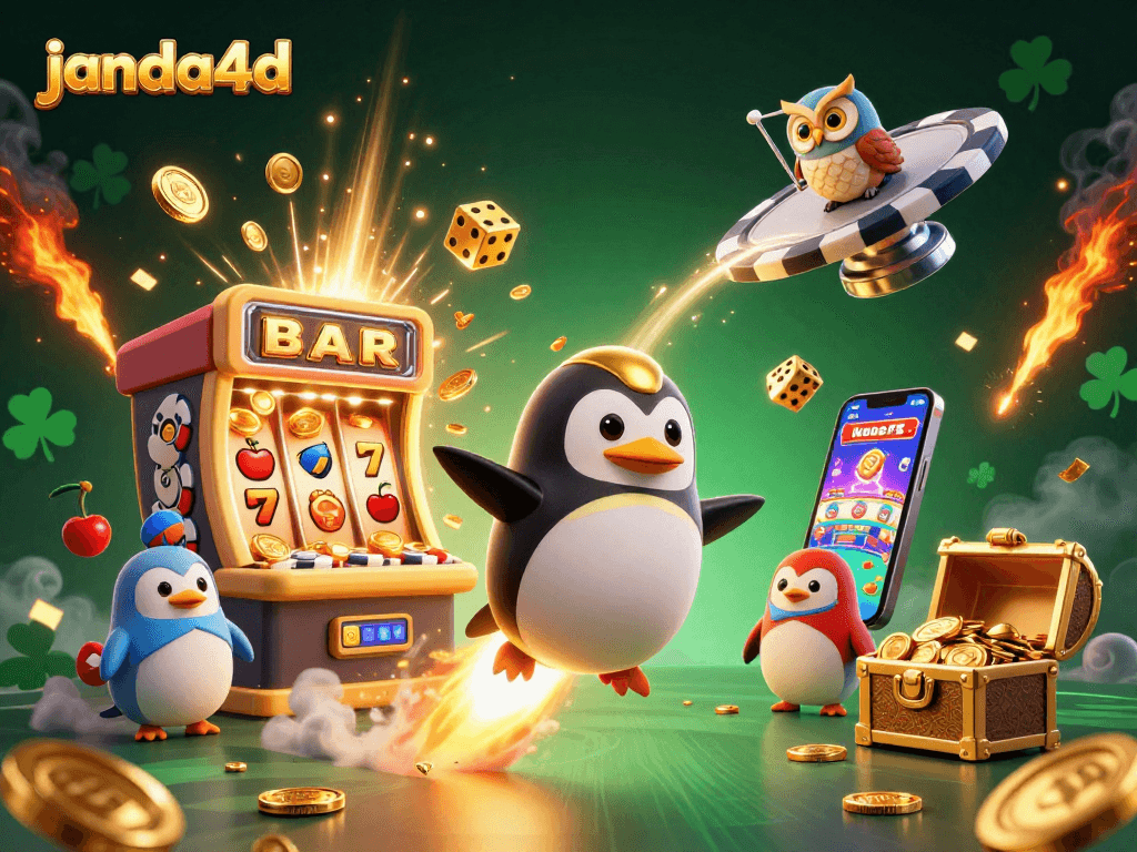 janda4d presents an electrifying 3D scene featuring a golden penguin and slot machine in lively casino action