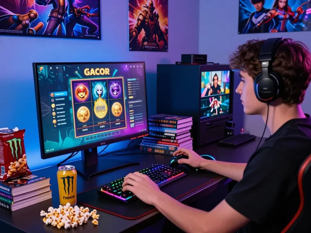 Suasana permainan online yang menarik dengan slot gacor yang ditampilkan, menunjukkan atmosfer antusias yang cerah.