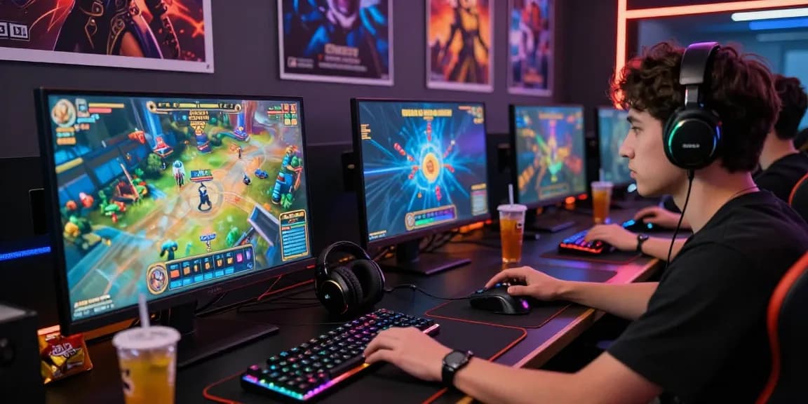 Pengguna memainkan Diana4D dalam lingkungan gaming modern dengan aksesori permainan dan pencahayaan yang menawan.