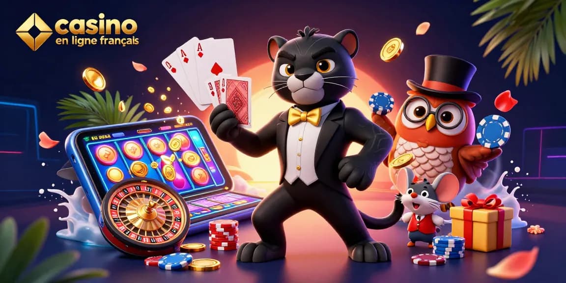 Illustration colorée représentant le casino en ligne français avec des personnages de style cartoon, jeux de cartes, et éléments de jeux variés.