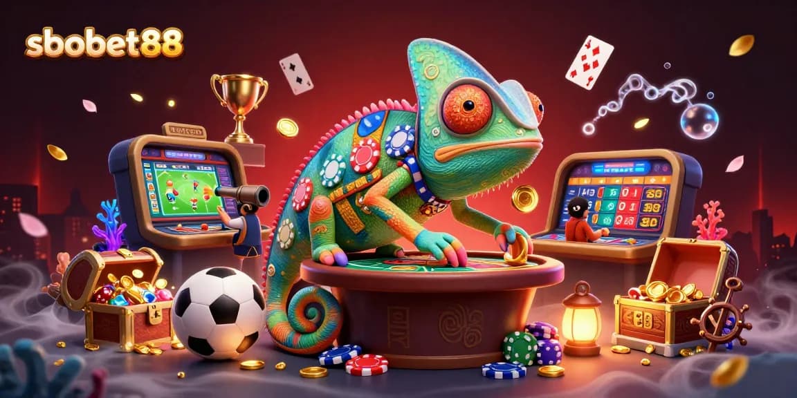 Engage with sbobet88 through dynamic sports betting visuals showcased in a vibrant chameleon scene.