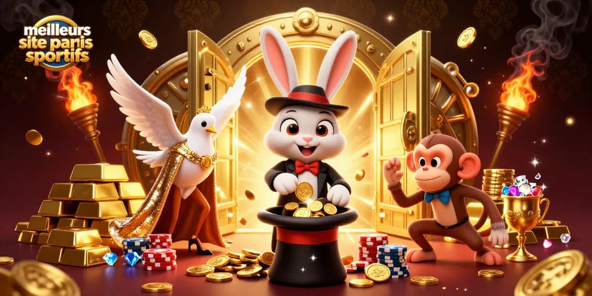 Les meilleurs sites de paris sportifs présentent une scène de jeu captivante avec des personnages en 3D et des éléments de casino.