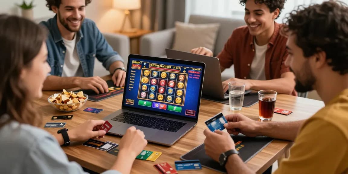Friends enjoying a lively gaming session at a credit card casino, showcasing excitement and digital engagement.