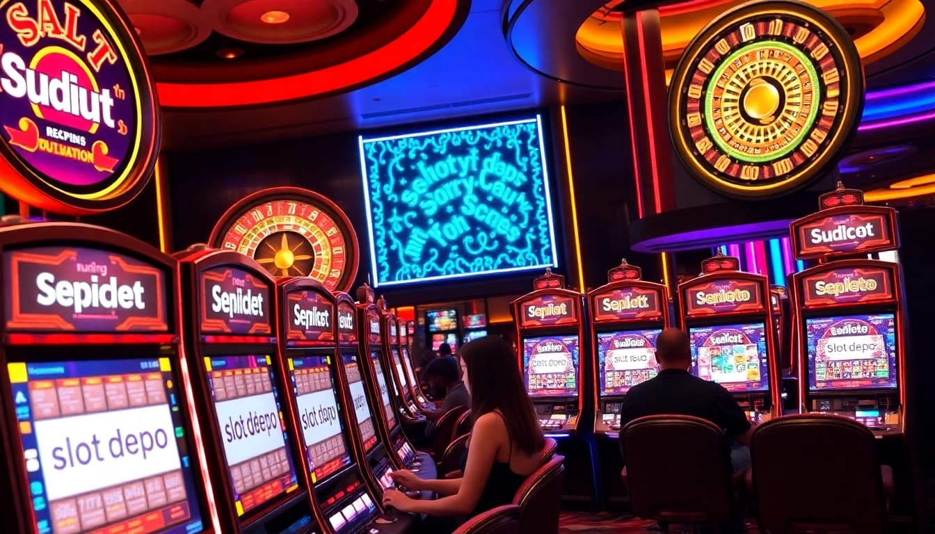 Para pemain menikmati kegembiraan Slot Depo 5rb di mesin slot kasino yang berwarna-warni.