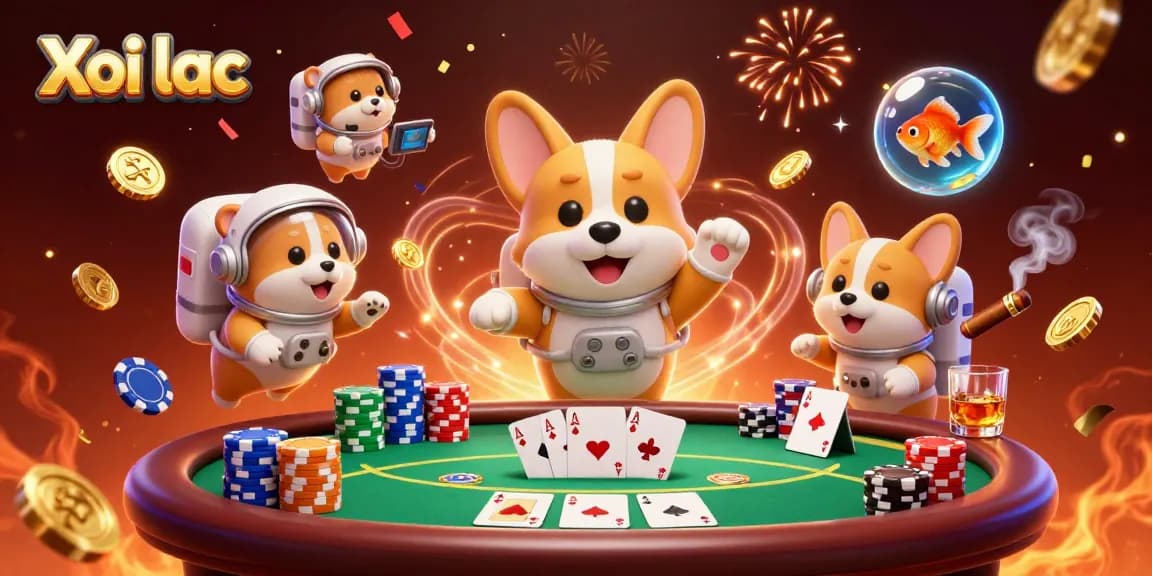 Xoi lac promotes a fun and engaging 3D casino scene with a floating corgi, chips, and vibrant game elements.
