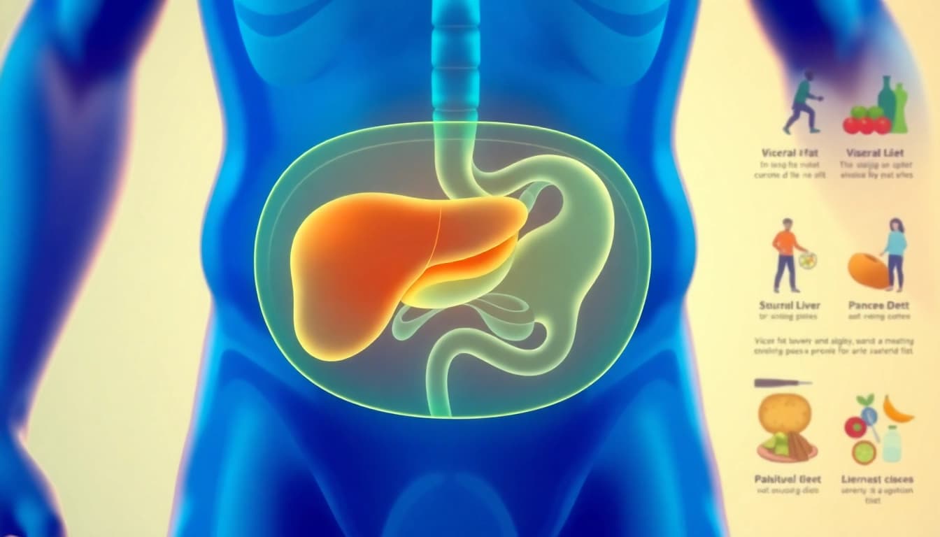 Illustration of visceral fat surrounding internal organs in the human body, highlighting health risks.