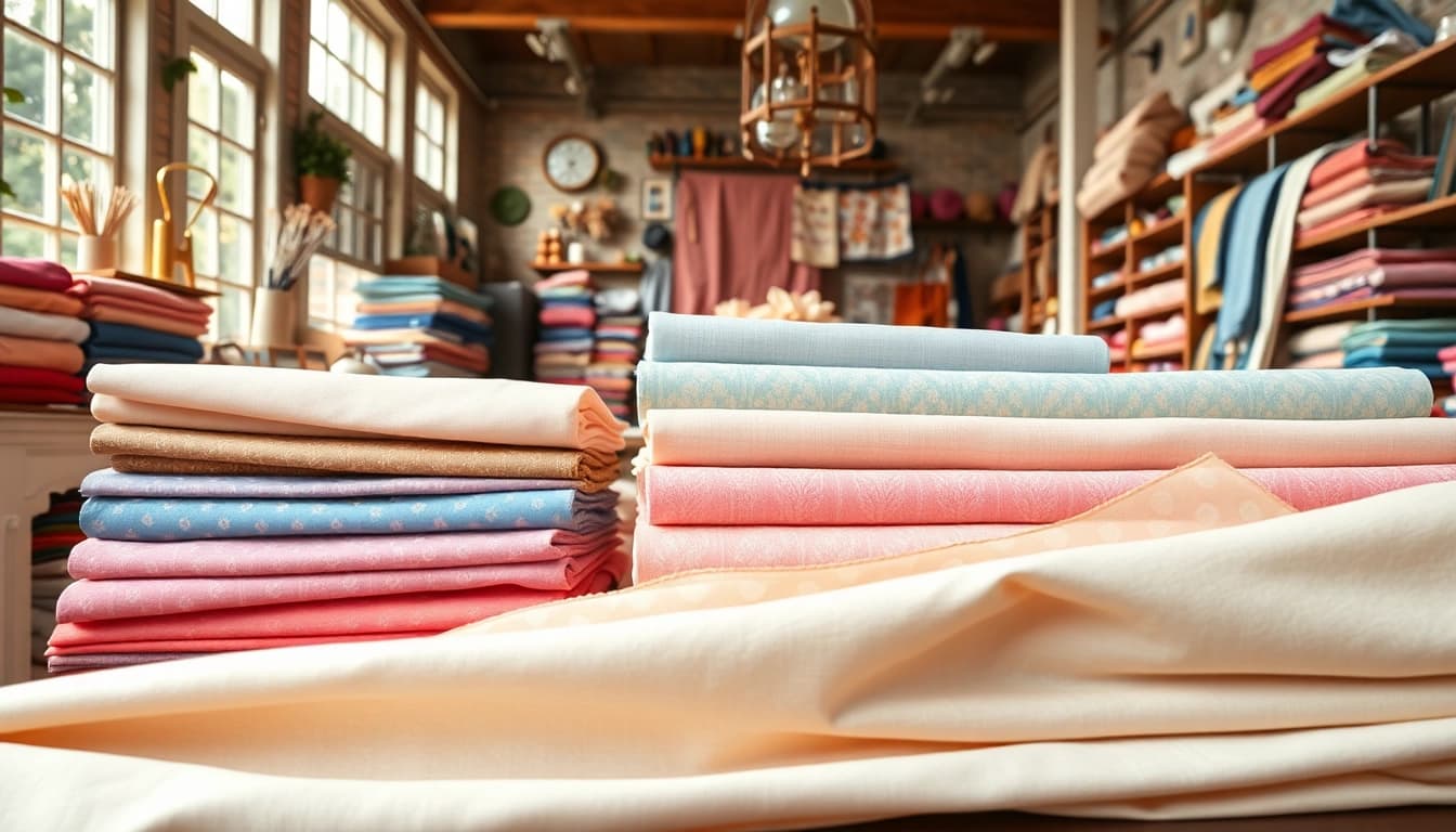 Bekijk poplin stof rollen in een elegante stoffenwinkel met verschillende kleuren en patronen.