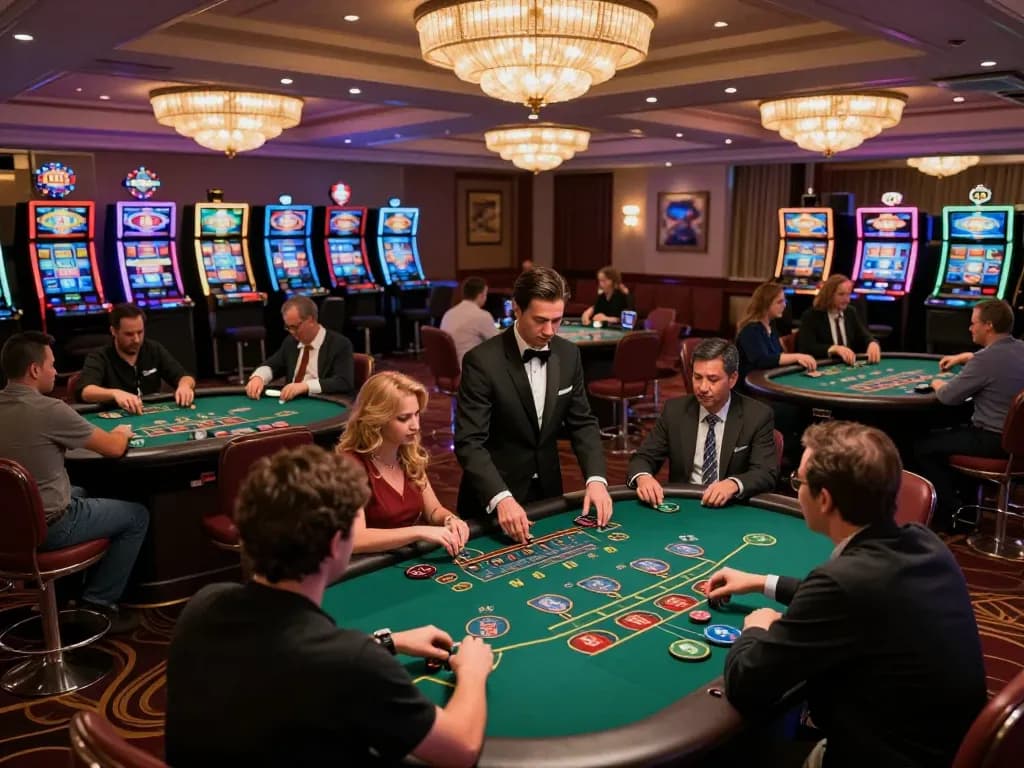 Players enjoying strategic blackjack games at B52 casino, engaging with dealers and exciting ambiance.
