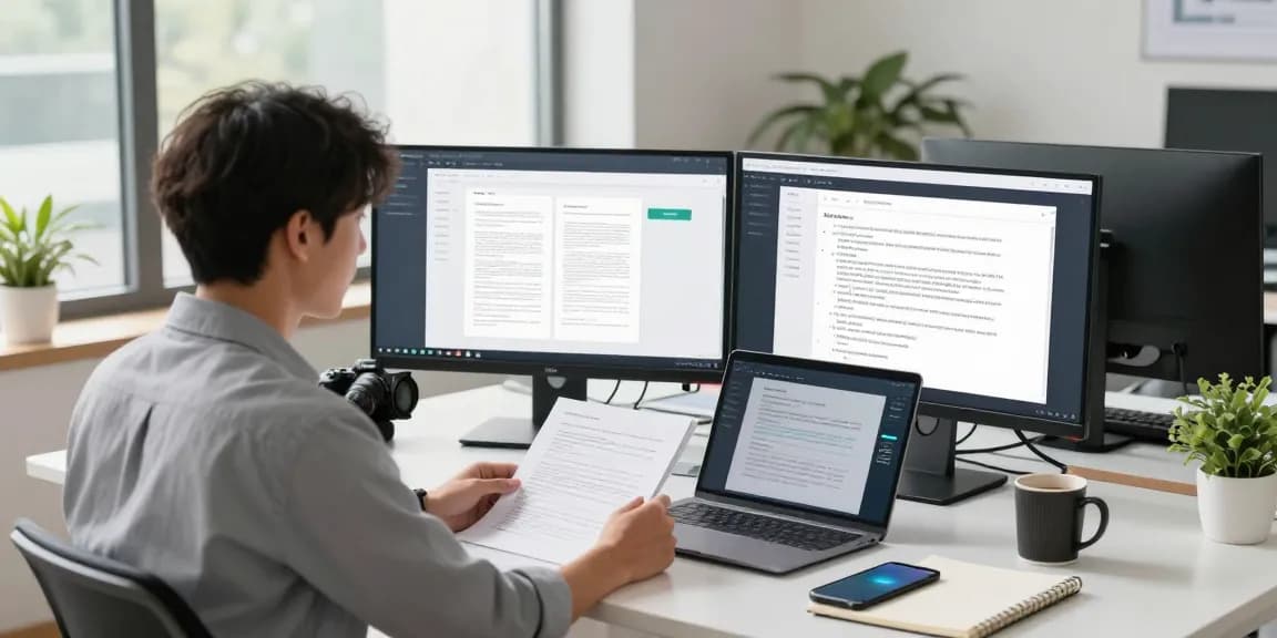 Detect fake pdf analysis in a modern office setup with AI verification software on-screen.