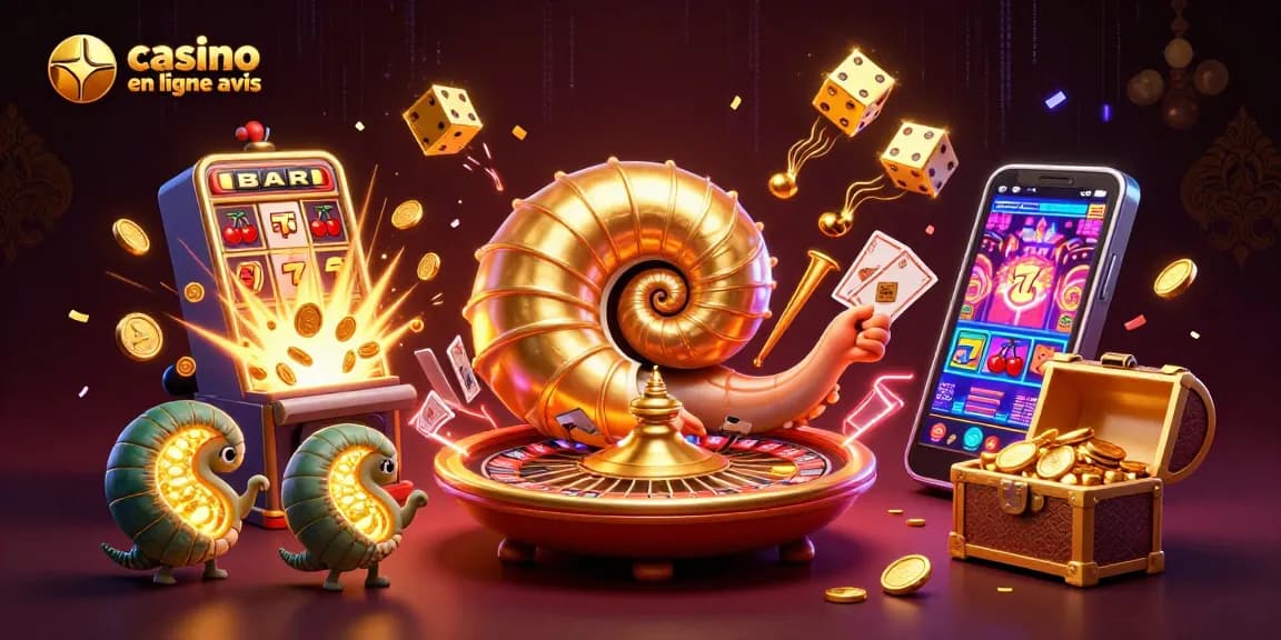 Un avis sur un casino en ligne avec un nautilus élégant jouant aux cartes sous des feux d'artifice et des machines à sous.