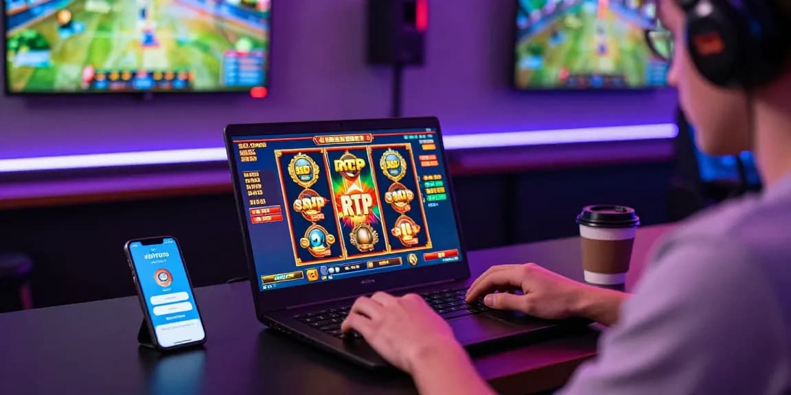 User enjoying situs gacor online slots with vibrant graphics and high RTP games in a dynamic gaming setup.