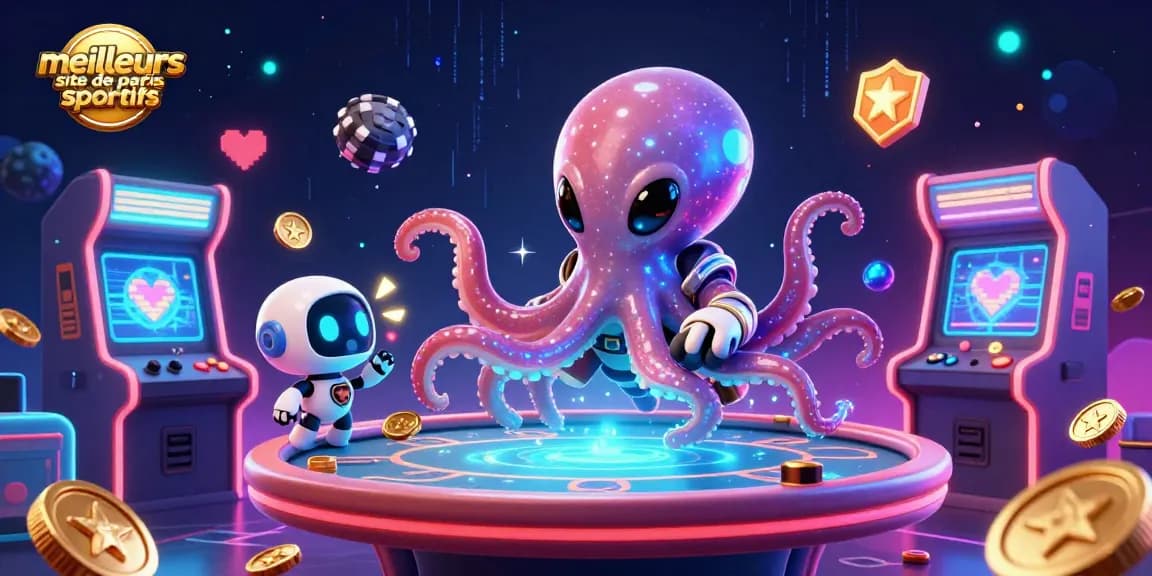 Visualisez le meilleurs site de paris sportifs avec une illustration d'un octopus et des jetons de poker.