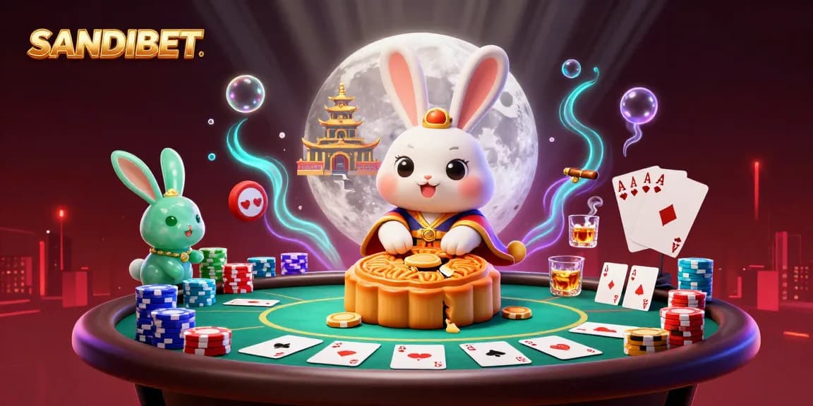 SANDIBET showcases a mystical scene with a moon rabbit and poker elements, creating engaging online gaming art.