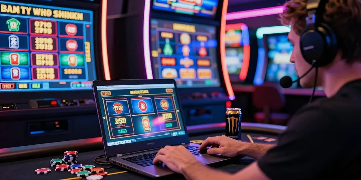 Engaging gaming moment featuring slot deposit 5k on laptop in vibrant online casino setting with neon lights.