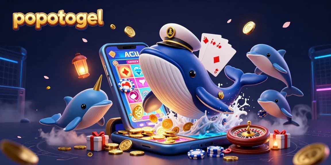 Experience popotogel's thrilling gameplay with whales and playful dolphins amidst cascading coins.