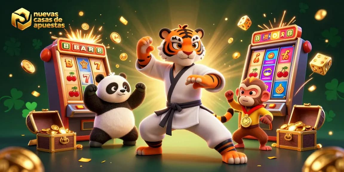Nuevas casas de apuestas con un tigre maestro de kung fu y su panda discípulo en un vibrante casino.