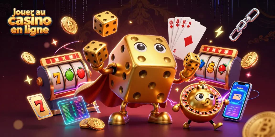 Jouez au casino en ligne avec des dés dorés et des machines à sous, vibrant d'énergie et de couleur.