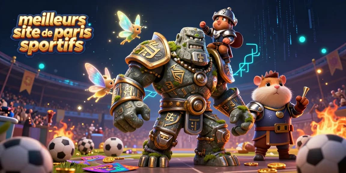 Visuel captivant des meilleurs sites de paris sportifs avec un golem, une fée et un hamster chevalier.