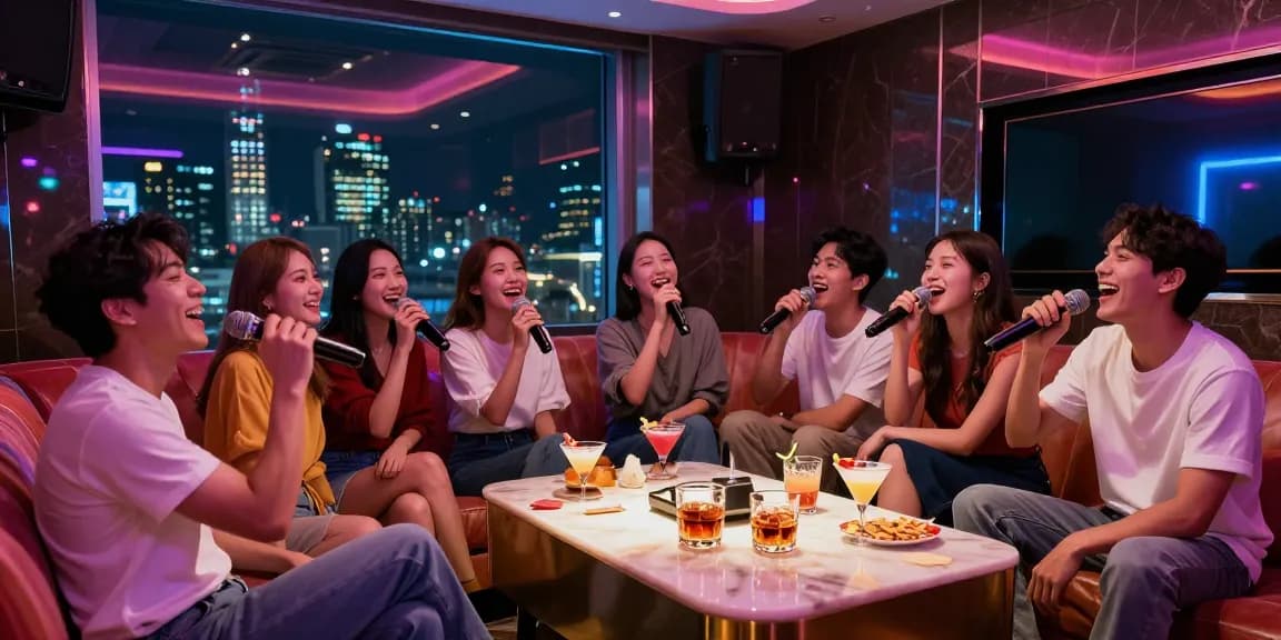Group of friends singing and enjoying drinks at 강남가라오케 luxury karaoke, vibrant nightlife atmosphere.
