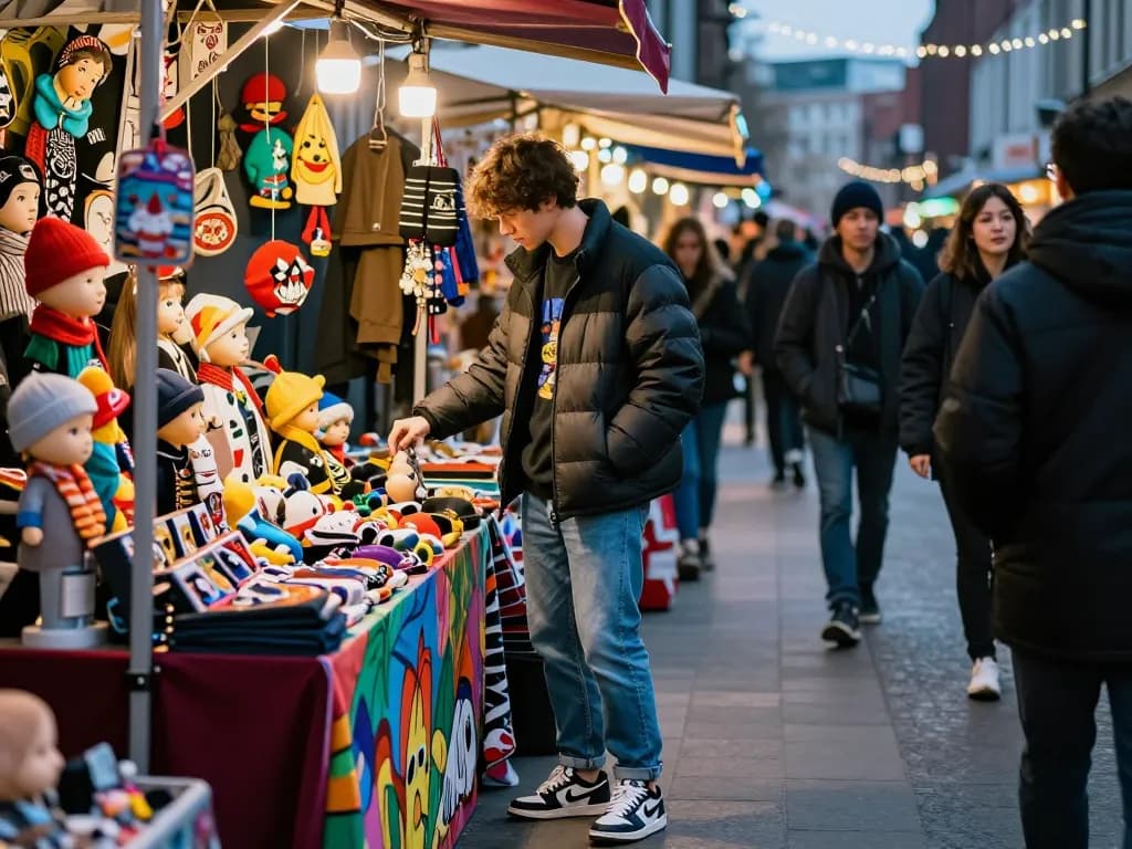 Vibrant urban shopping scene featuring high-quality 레플리카 사이트 products displayed at a lively city market with shoppers engaged in browsing.