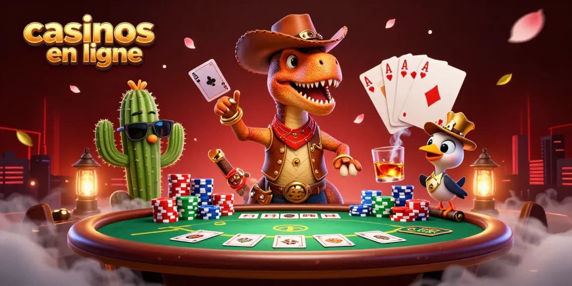 Profitez des casinos en ligne avec des personnages colorés dans une illustration dynamique.