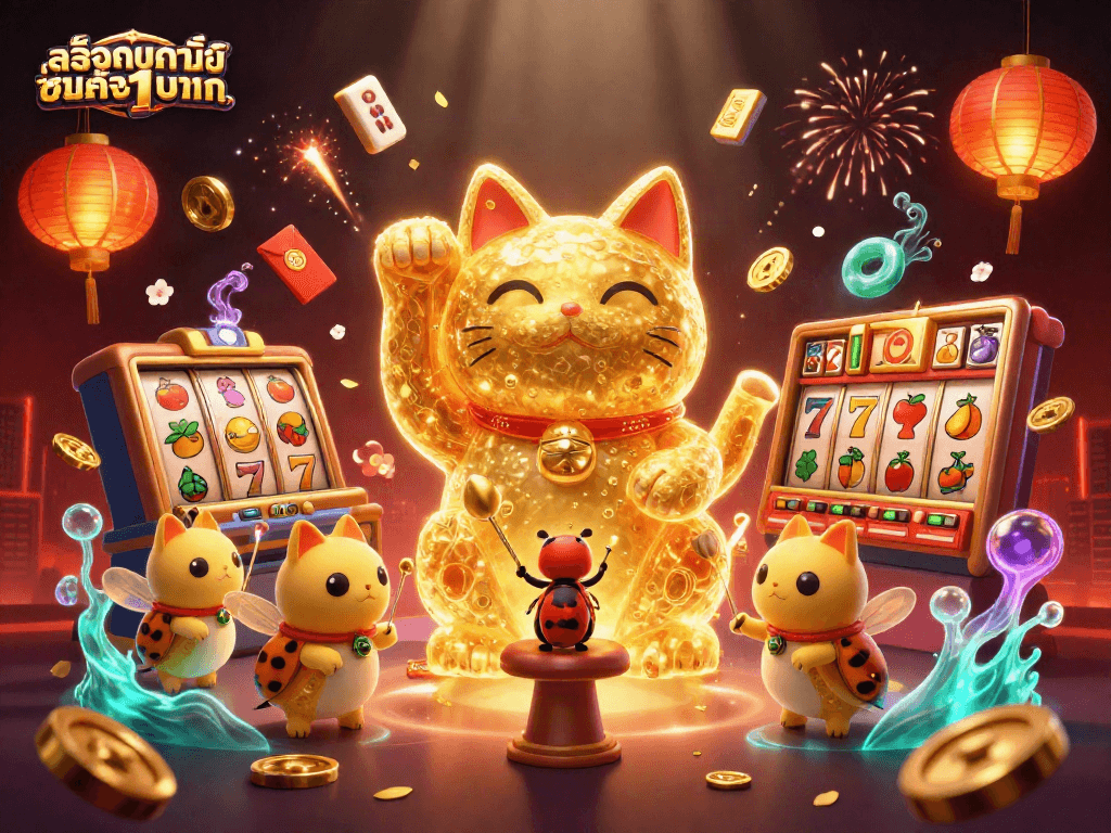 Engage in thrilling gaming with สล็อตฝากขั้นต่ำ1บาท as a giant lucky cat filled with casino symbols waves cheerfully.