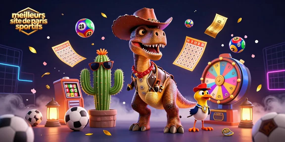 Illustration animée 3D d'un T-Rex cowboy, cactus et oiseau joueur, célébrant les meilleurs sites de paris sportifs.