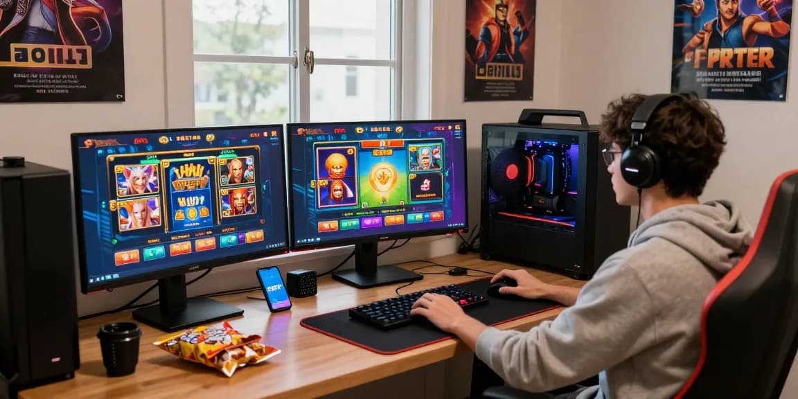 Proses bermain apk slot CR777 di ruang gaming modern dengan suasana ceria.