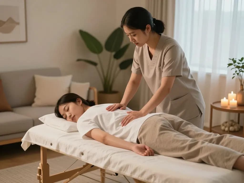 전문 치료사가 휴식을 제공하는 고요한 가정 환경에서의 출장마사지 서비스.